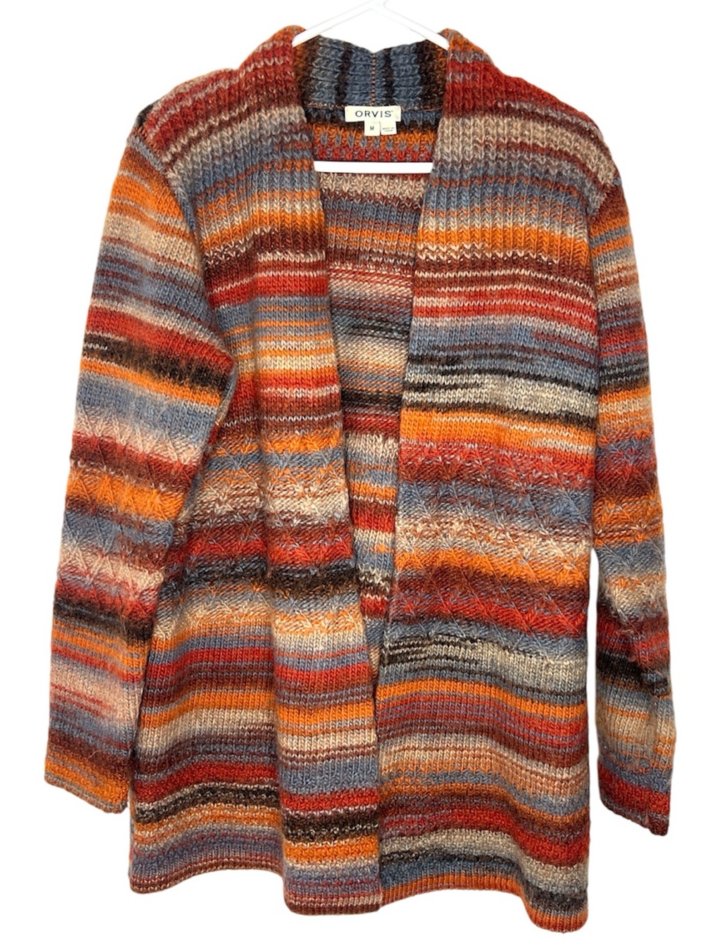 Orvis 100% wool multicolored striped open boho cozy cardigan sweater - Picture 2 of 6